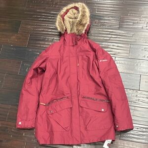 Columbia Women's Red Puffer Jacket with Faux Fur Hood